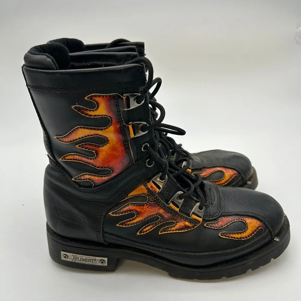 Xelement Motorcycle Boots Men's Black Flames Genuine Leather Lace Up - 10.5